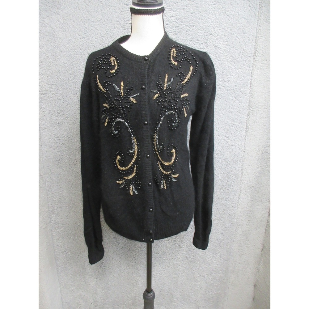 Vintage 90s Vanna White R&K Beaded Angora Cardigan Women S Black Glam Coquette